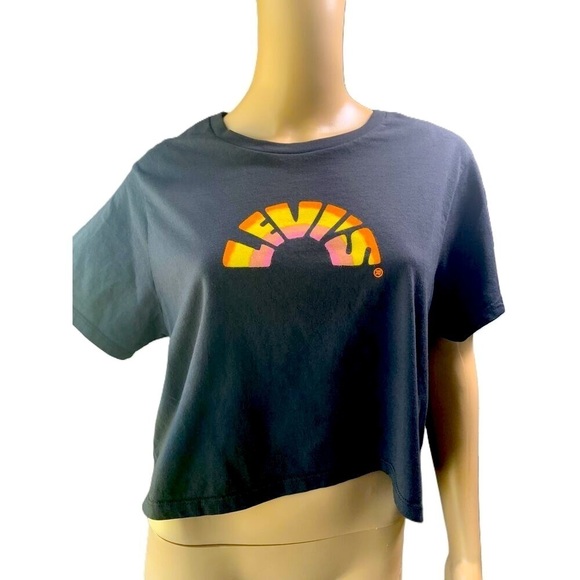 Levis Black Cropped Short Sleeve Logo Print Crew Neck T-Shirt Size XL - Picture 1 of 13